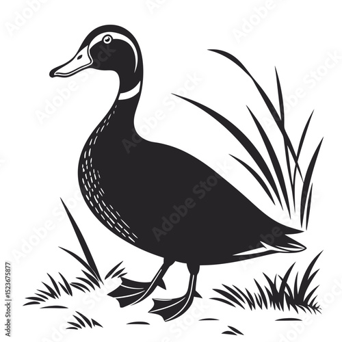Silhouette of a duck standing on grass near reeds, black and white vector illustration of waterfowl in nature, ai generator
