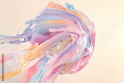An energetic burst of pastel paint ribbons spreading in all directions, frozen in a gravity-defying dome shape, against soft cream background, 
