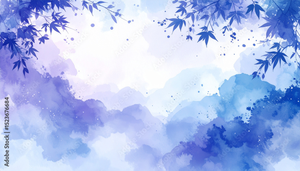 Obraz premium 和風水彩の竹と青葉の背景イラスト