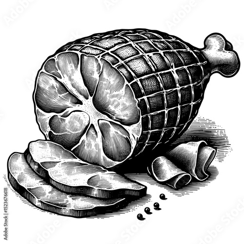 Delicious smoked ham with thin slices on white background. Smoked ham is perfect for holiday dinner or special occasion. This smoked ham illustration is ideal for restaurant menus, food blogs,