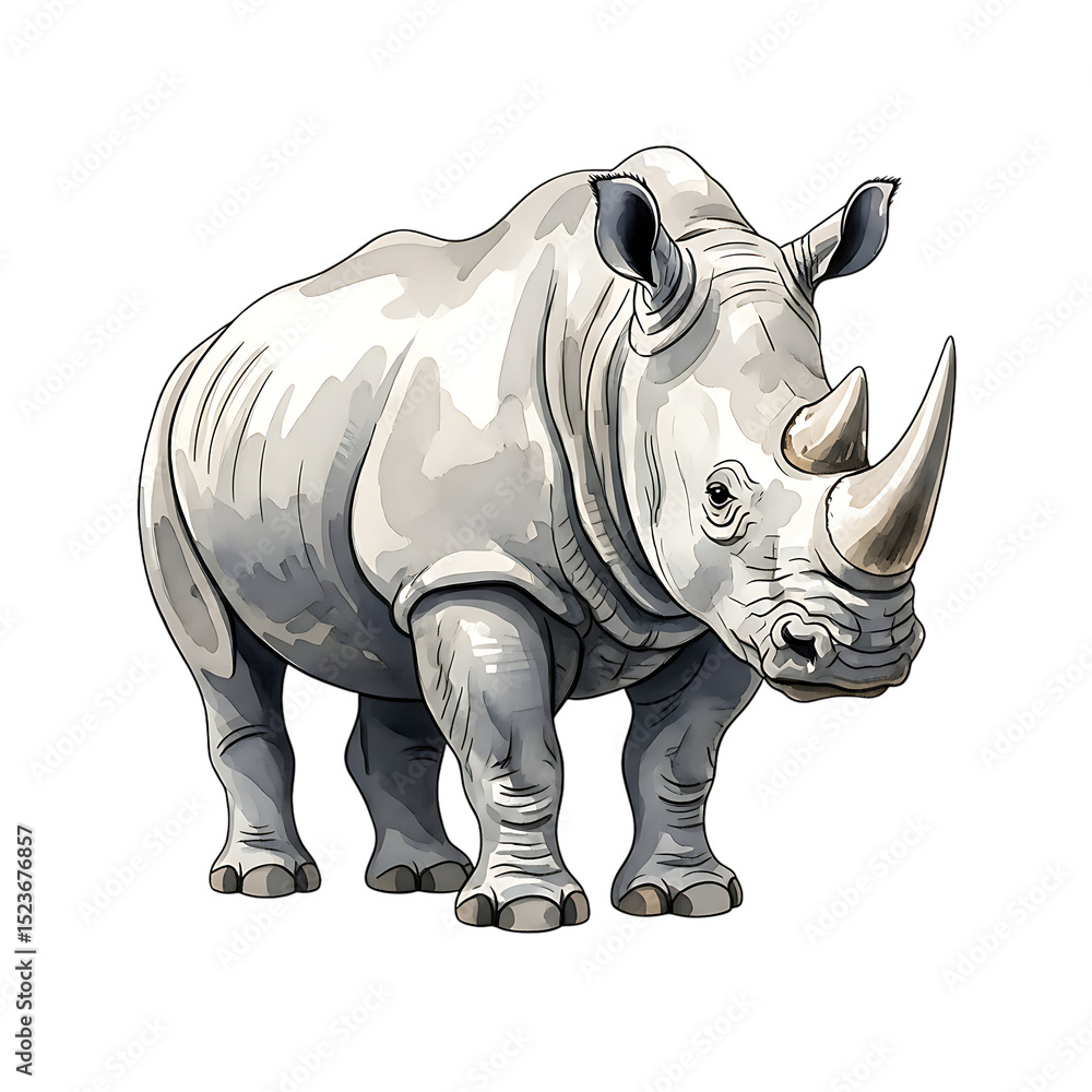 Fototapeta premium Watercolor rhino illustration wildlife animal nature conservation endangered species art drawing design on transparent background
