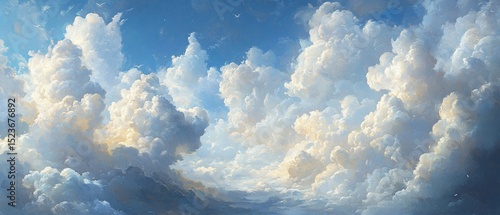Serene landscape of fluffy clouds illuminated by sunlight, stretching across a vast, clear blue sky above distant mountains