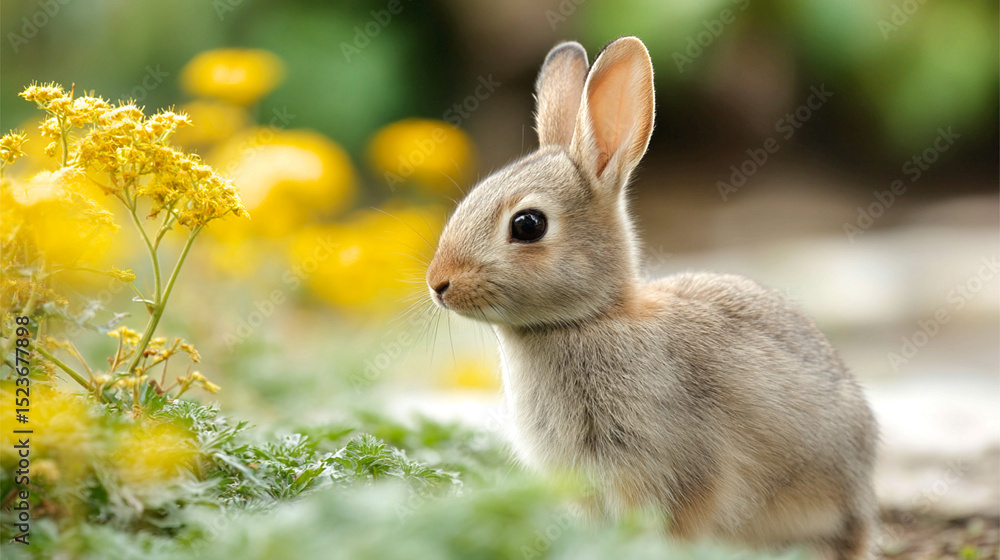 Fototapeta premium Soft bunny explores a field of wildflowers during a sunny afternoon in springtime