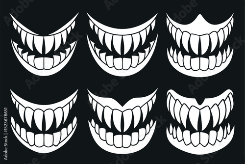 Collection of stylized vector illustration sets of monster teeth on a black background
