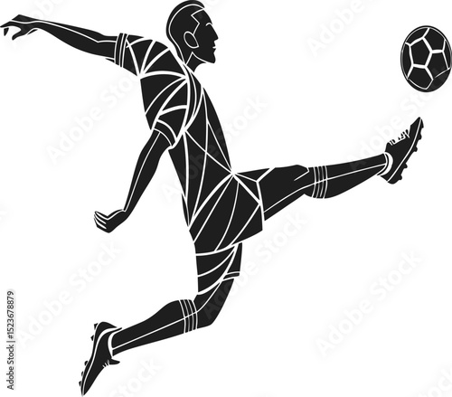 Silhouette of Soccer Player Jumping and Kicking Ball – EPS Vector Illustration
