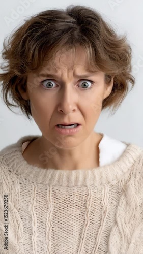 Close-up of a scared woman with wide eyes and hands clasped tightly in front of her face, wearing a knitted sweater.