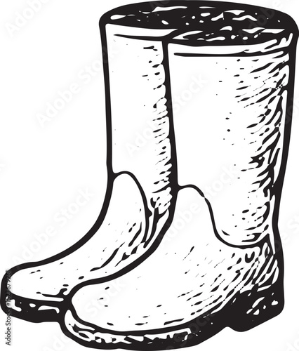 A black-and-white sketch of sturdy farm boots, symbolizing rural workwear. Perfect for agricultural designs, countryside themes, or farm lifestyle art