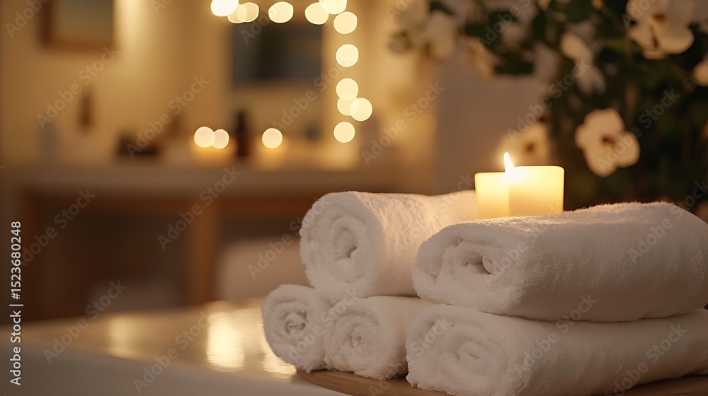 Rolled White Towels Stacked with Candles and Flowers Rolled White Towels Stacked with Candles and Flowers
