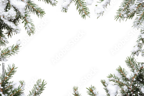 Snow covered pine branches frame isolated on transparent background