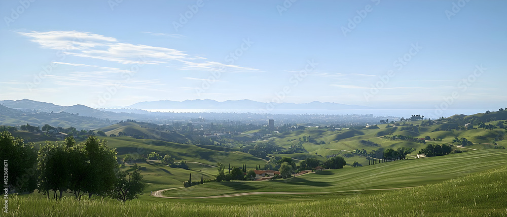 Obraz premium Panoramic View Of Hills Valley And Distant Cityscape