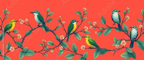 Birds branches flowers leaves nature wildlife avian flora fauna botanical tropical art