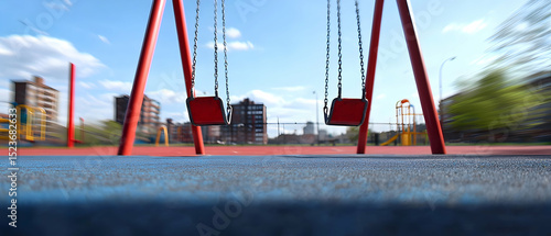 Empty Red Swings In Urban Playground
