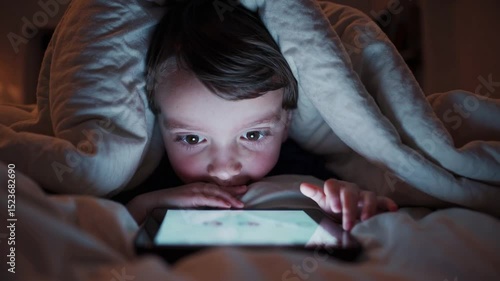 Child hides under blanket at night, secretly watching social media on tablet. Glowing screen lights face. Intimate, cinematic shot with moody low-key lighting