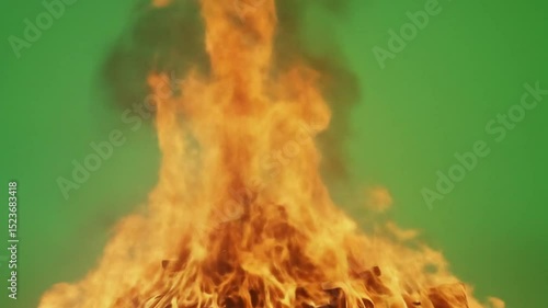 Fiery Inferno A Close-Up Shot of a Bonfire Against a Green Screen