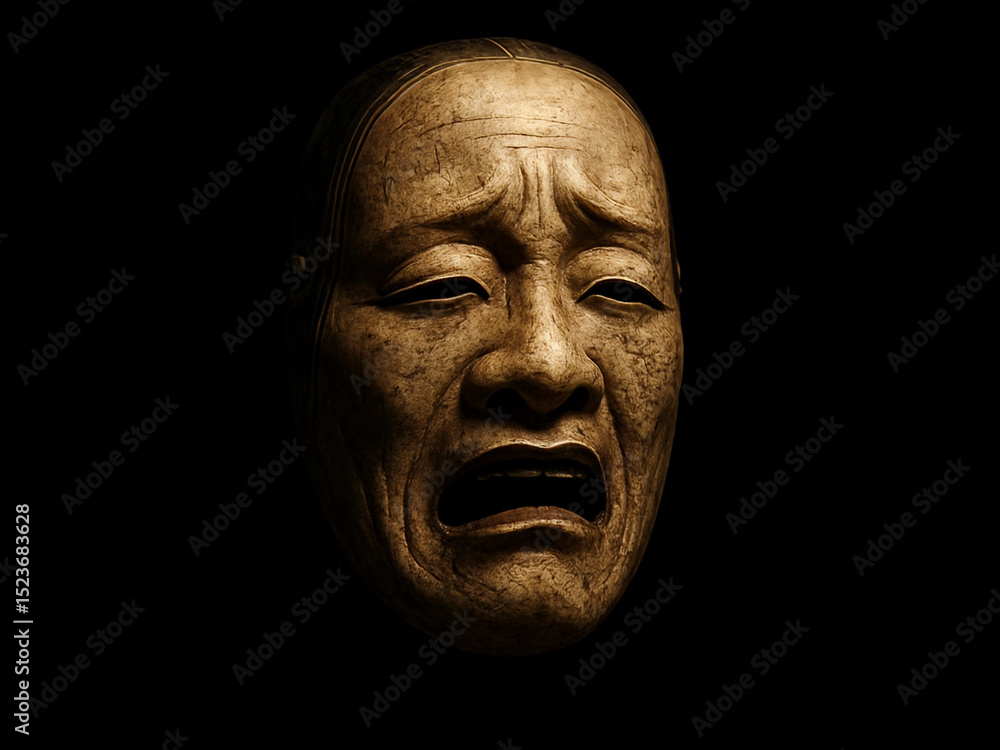Antique Theatrical Mask Expressing Intense Emotions on Dark Background. Antique Theatrical Mask Expressing Intense Emotions on Dark Background.