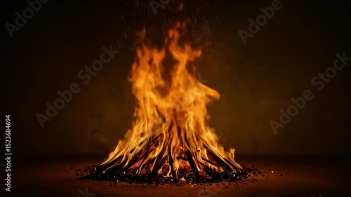 Fiery Bonfire Blaze Intense Burning Wood Flames in the Dark