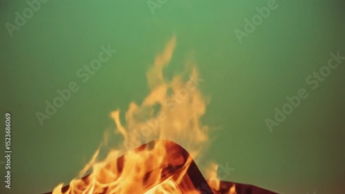 Fiery Embers A Captivating Image of Burning Wood Against a Green Background