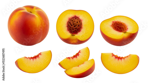 Whole, Halved, and Sliced Peach Isolated on White Background