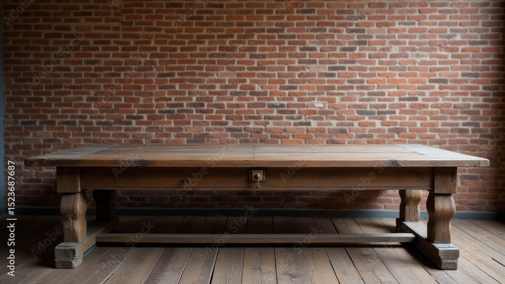 Rustic Wooden Table with Drawers Against Brick Wall Background Rustic Wooden Table with Drawers Against Brick Wall Background