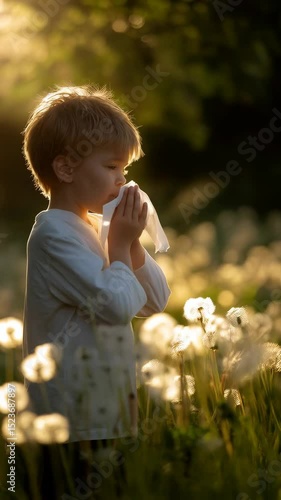 Young child wiping nose with tissue outdoors among dandelions in golden sunlight, experiencing seasonal allergies in a meadow