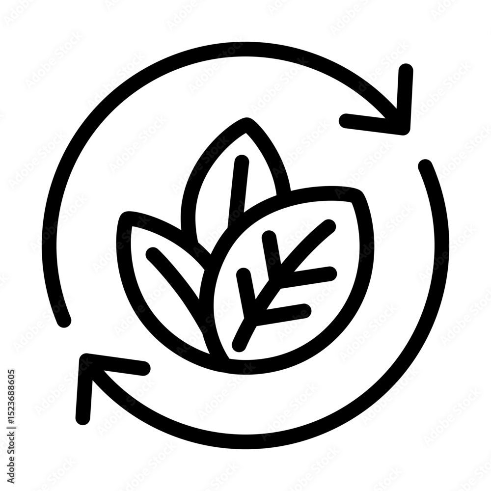 Sustainability & Recycling icon with leaf and circular arrows. Environmental, eco-friendly, conservation, renewable energy, organic agriculture, and zero waste concepts. Editable line weight vector. Sustainability & Recycling icon with leaf and circular arrows. Environmental, eco-friendly, conservation, renewable energy, organic agriculture, and zero waste concepts. Editable line weight vector.