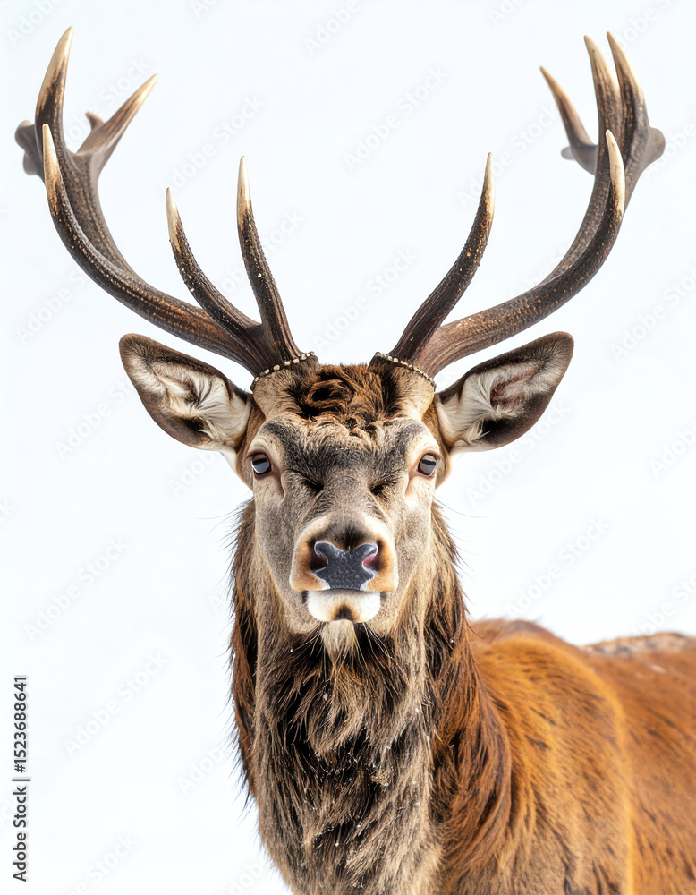 Fototapeta premium A majestic stag with large antlers stands against a bright white background, gazing directly at the camera