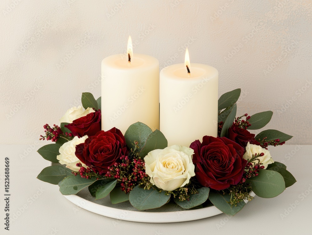Obraz premium Two burning candles surrounded by a ring of red and white roses and eucalyptus leaves on a white plate. Romantic and peaceful setting. 