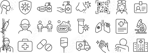 Healthcare and Virus Prevention Line Icon Set. Vector illustrations of medical protection, hygiene, hospital equipment, virus symptoms, diagnosis, treatment tools and more.