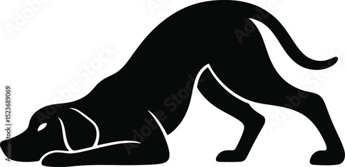 A silhouette of a black dog bending down with its head near the ground on a white background