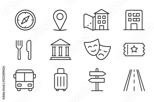 Minimalist travel icons: compass, location, buildings, entertainment, transport