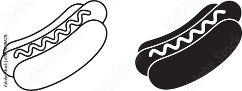 Hot dog with ketchup & mustard

Hot dog with steam lines (to show it's hot)

Silhouette style or line art style

Cute cartoon version for kids menu