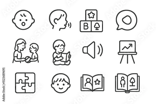 Simple line icons illustrating children's learning and education concepts