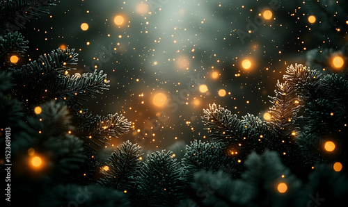 Festive bokeh lights glow amongst the frosty, bluish pine boughs, creating a magical, holiday mood, dark green background