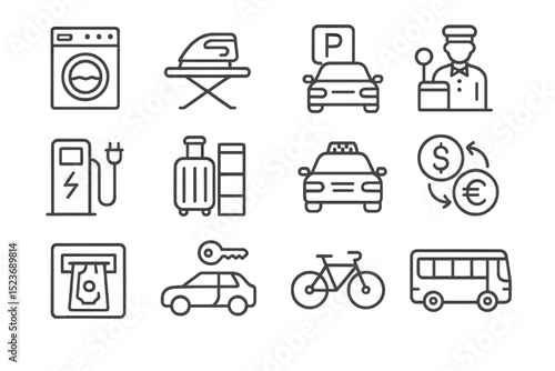 Hotel and travel services icon set: transportation, amenities, and more