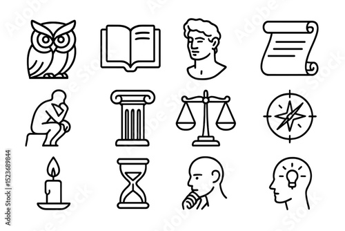 Classic philosophical symbols including books, owl, bust, scale, candle, and compass