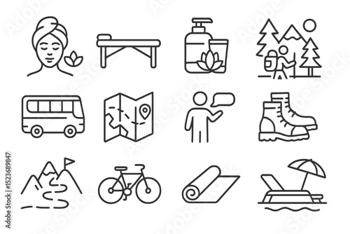 Outline wellness icons: spa, hiking, travel, yoga, and adventure