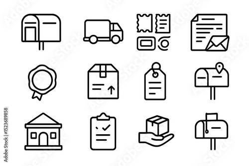 Postal service icons set with mailbox, package, truck, and document symbols