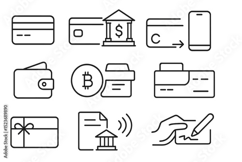 Financial icons set featuring bank, bitcoin, wallet, and digital transactions