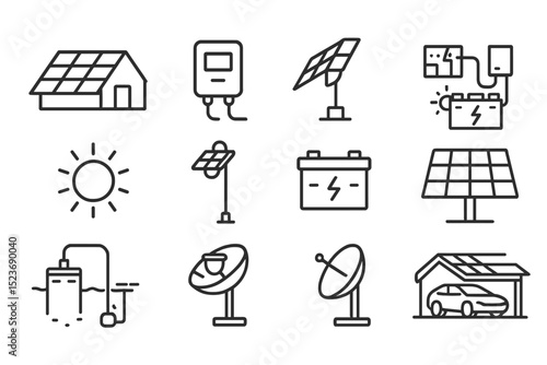 Solar energy icons: panels, batteries, and sustainable solutions