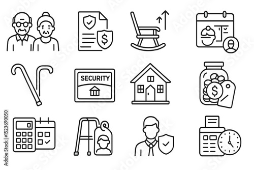 Elderly care icons collection for retirement and security concepts