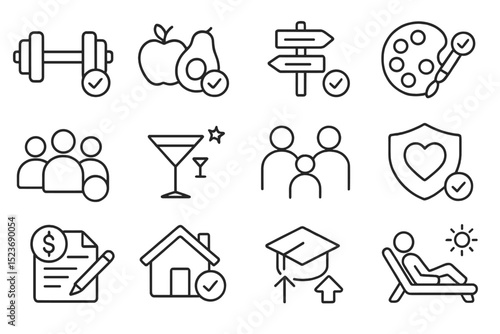 Outline icons of fitness, health, travel, family, finance, home, education, relaxation