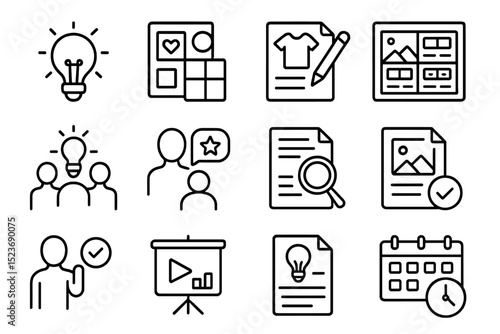 Creative design icons: idea, planning, teamwork, search, presentation, calendar