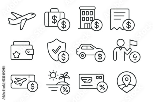 Travel and finance icons for flights, hotels, and payments