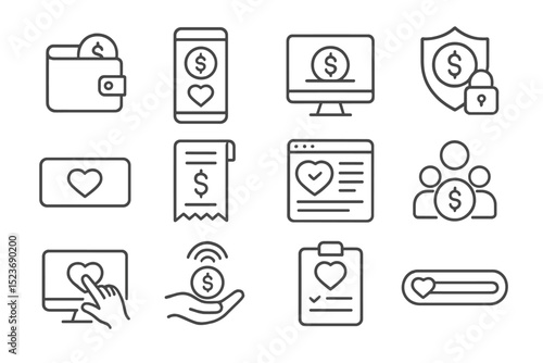 Financial technology icon set depicting secure online transactions