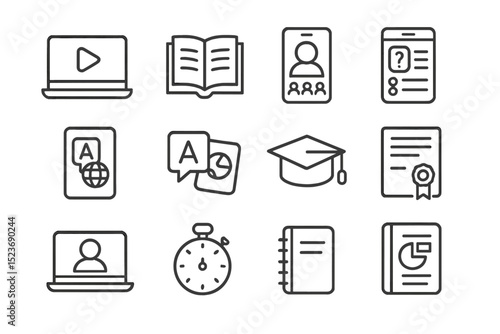 Education and communication icons: laptop, book, diploma, stopwatch, certificate