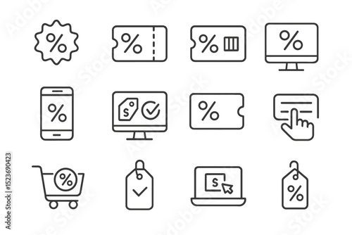 E-commerce discount icons set featuring shopping and percentage symbols
