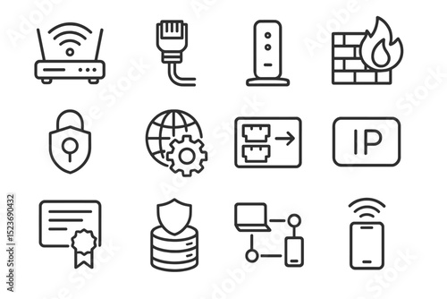 Network technology icons: router, firewall, security, connectivity symbols