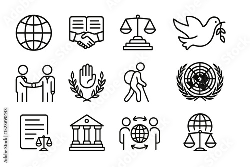 Icons representing global peace, justice, and cooperation concepts