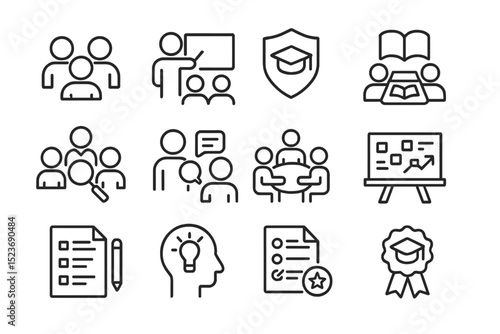 Education icons set featuring group learning and idea exchange