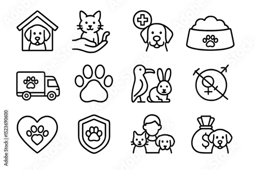 Animal care icons: pets, vet, shelter, food, adoption, transport, safety